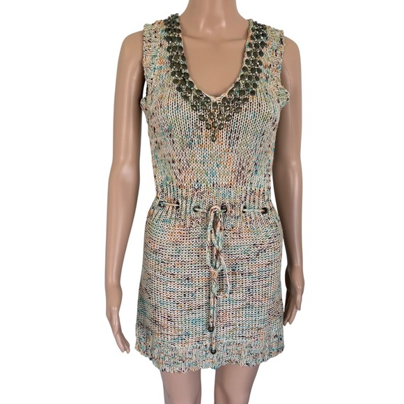 BCBGMaxAzria Dresses & Skirts - BCBGMAXAZRIA Y2K Beaded V-Neck Space Dye Knit Mini Dress Multi Color M Boho